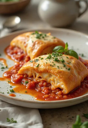 Stromboli serverad med tomatsås, rik tomatsås och smält mozzarella på toppen, krispig utsida och mjuk insida.