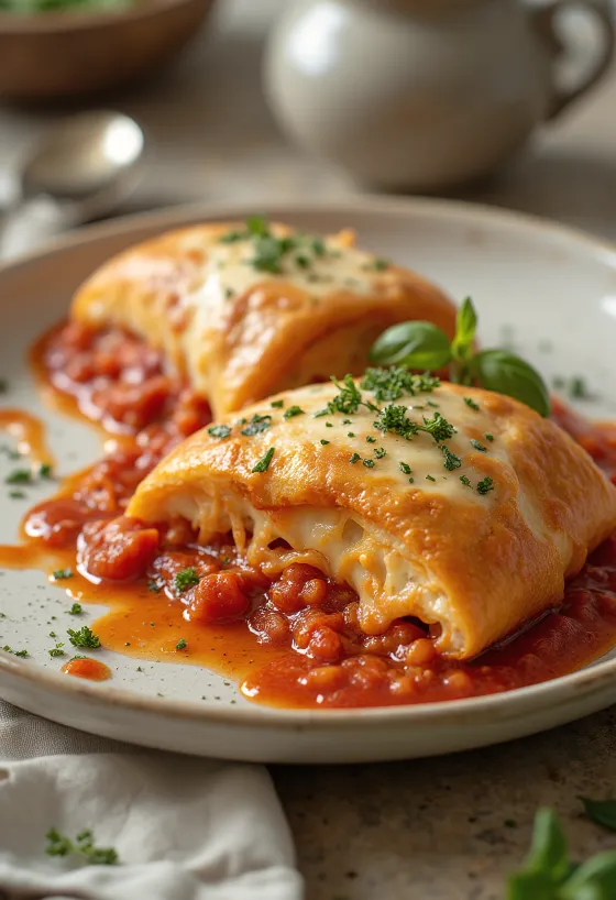 Stromboli serverad med tomatsås, rik tomatsås och smält mozzarella på toppen, krispig utsida och mjuk insida.