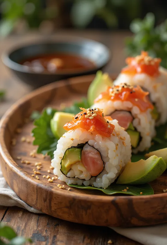 Temaki med kimchi, serverad med lax och avokado