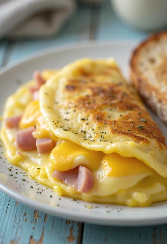 Fylld omelett med färska grönsaker och smält ost inuti