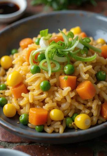 Veganskt stekt ris med grönsaker, nyserverat i en wok.