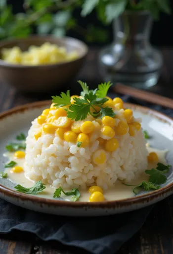 Xôi majs serverad med kokossås och färsk koriander