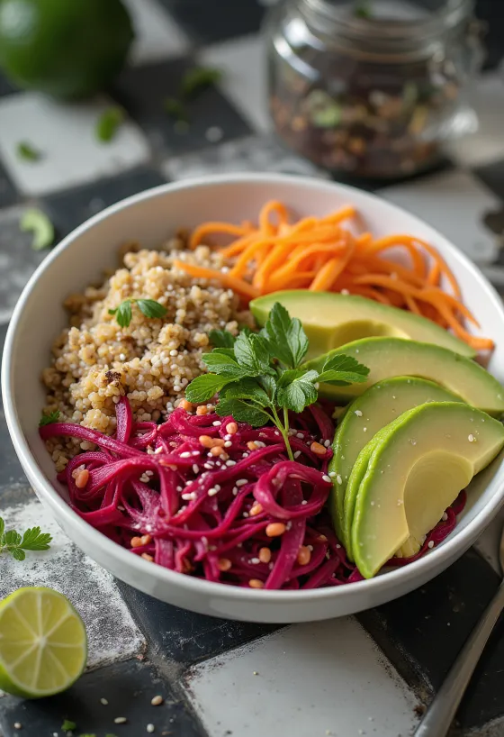 Buddha bowl med rödbeta och quinoa serverad med färska grönsaker