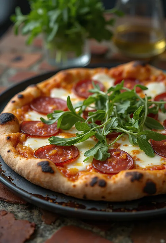 Pizza Diavola med ruccola och kryddig salami