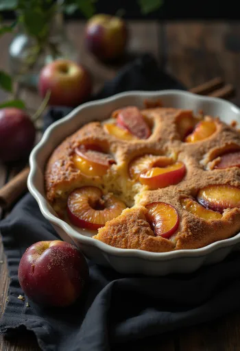 Kanelplommontårta serverad med florsocker och kanel