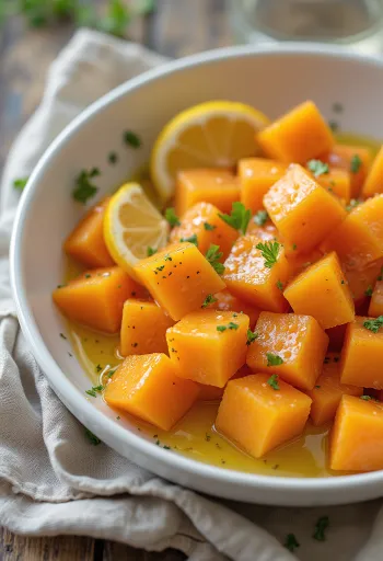 Kokt sötpotatis serverad med citronsaft och färsk persilja