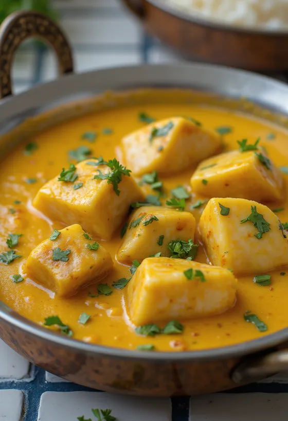 Keralas fiskcurry med fläsk, serverad i en rik kokosmjölksbas