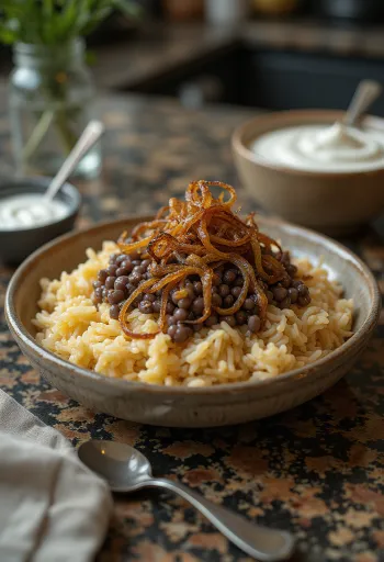 Klassisk Mujaddara, egyptisk rätt med linser, ris och rostad lök