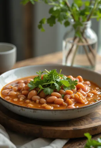 Lobio med koriander, georgisk bönrätt serverad med färsk koriander