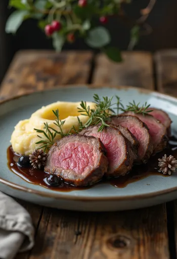 Hjortytterfilé med enbärssås serverad med rostade grönsaker