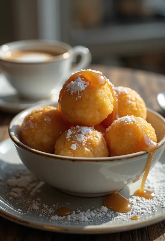 Zeppole med karamellkräm, garnerad med färsk och söt munk