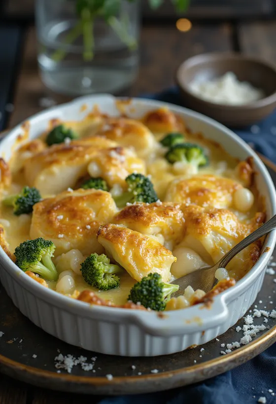 Bacalhau com natas med broccoli, serverad som en gyllenbrun fiskgratäng med broccoli