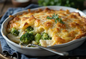 Bacalhau com natas med broccoli, serverad som en gyllenbrun fiskgratäng med broccoli