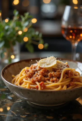 Spagetti Bolognese strödd med färsk basilika och parmesan