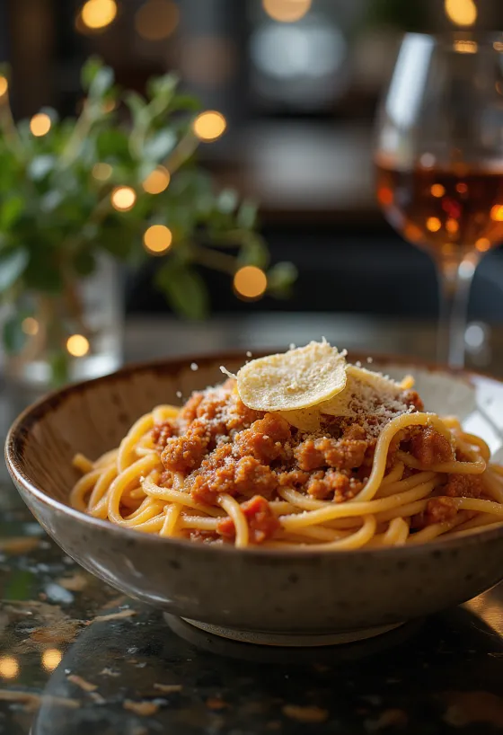Spagetti Bolognese strödd med färsk basilika och parmesan
