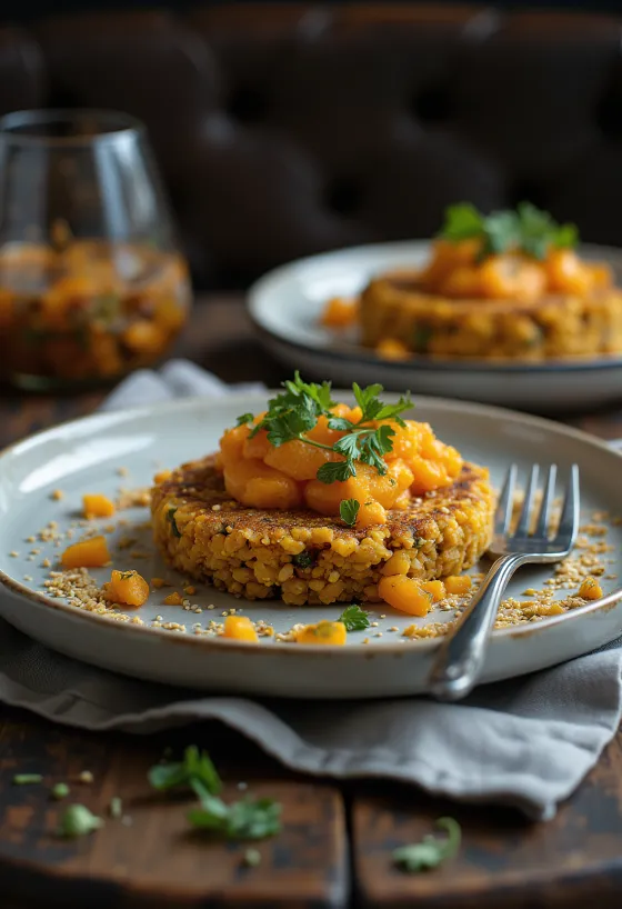 Handvo med pumpa serverad