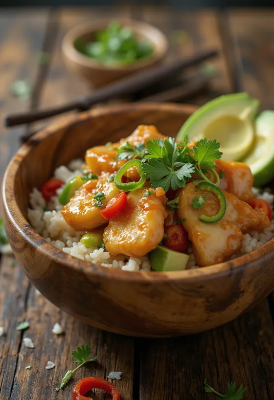 Poké bowl med kyckling, färska grönsaker på risbädd, garnerad med koriander och limejuice.