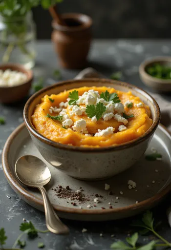 Quibebe med ost serverad, dekorerad med färsk koriander