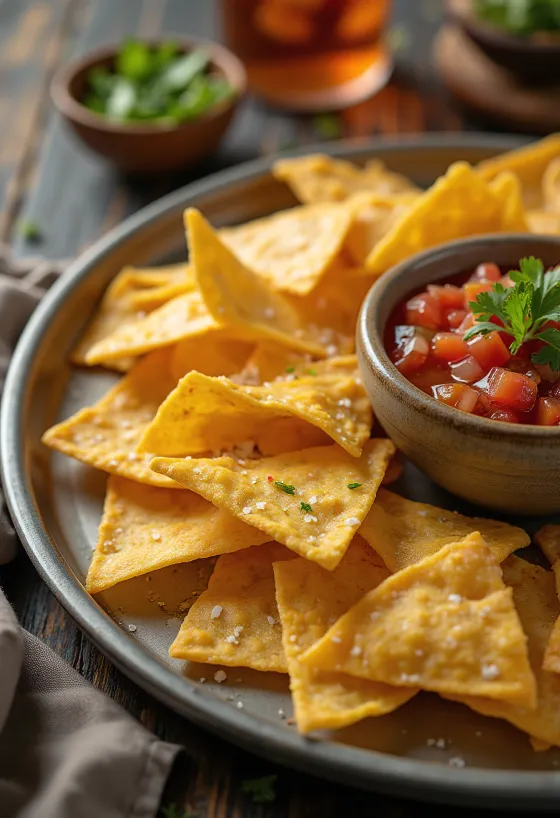 Veganska tortillachips serverade med salsa