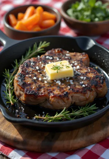 Jak-steak serverad med rostade grönsaker och färsk rosmarin