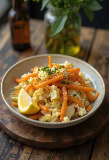 Bacalhau à Brás med sötpotatis, serverad med persilja