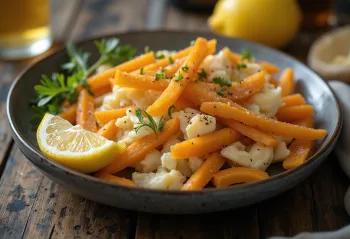 Bacalhau à Brás med sötpotatis, serverad med persilja