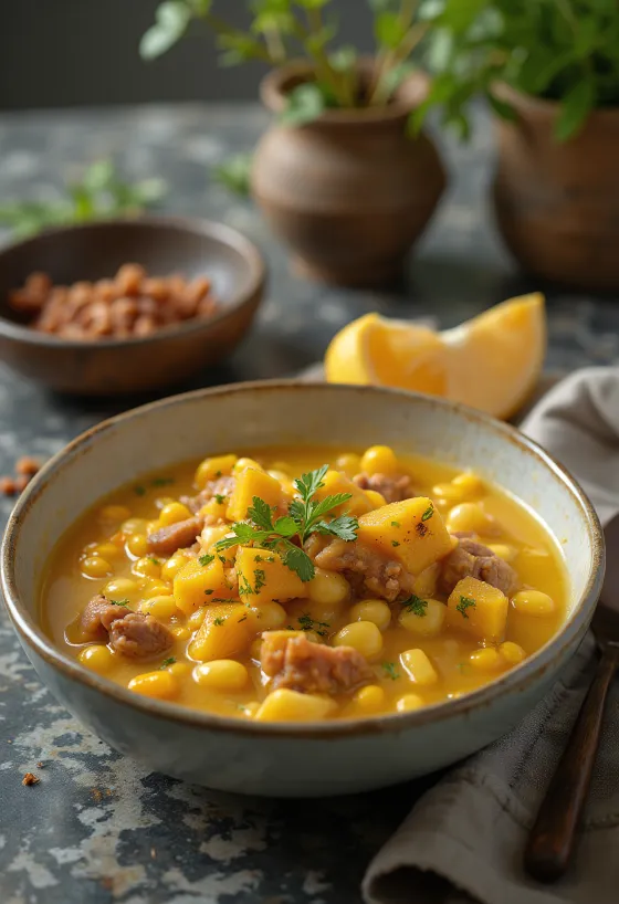 Locro criollo, rik köttsoppa med grönsaker och bönor