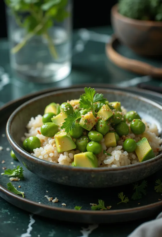Poké bowl med edamamebönor, färska grönsaker på risbädd, garnerad med koriander och limejuice.