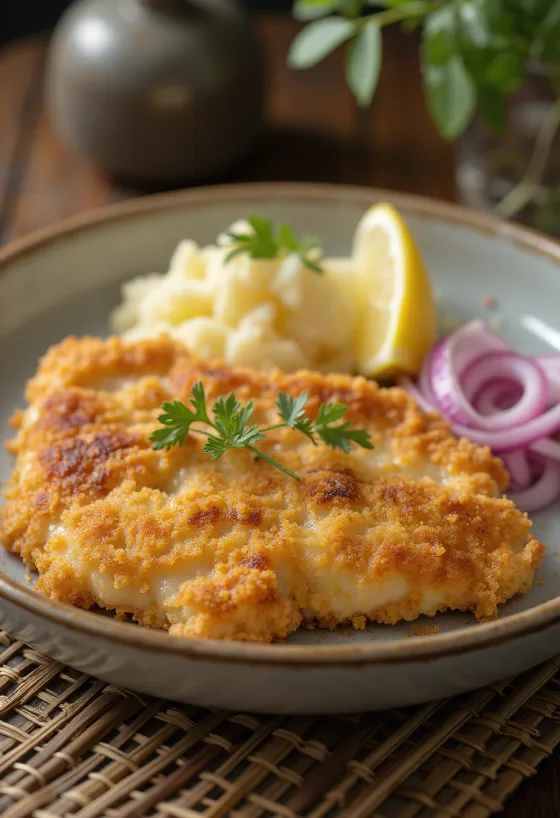 Wienerschnitzel på fläsk med potatissallad serverad på en tallrik.