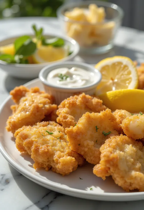 Panerad hjärna i krispig panering serverad med färska grönsaker