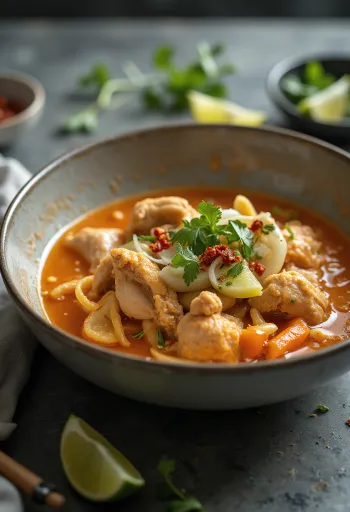 Thaikyckling i kokosmjölk serverad med ris, garnerad med koriander