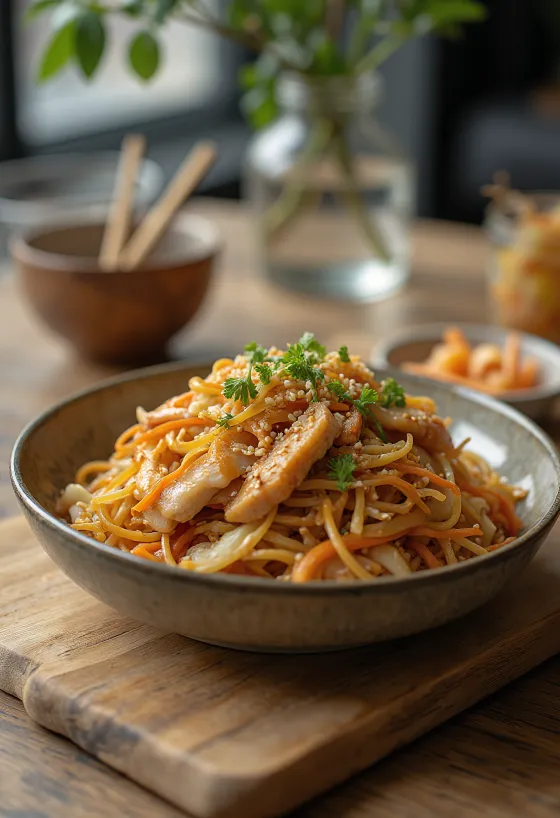 Yakisoba med kyckling, japanska woknudlar med krispiga grönsaker