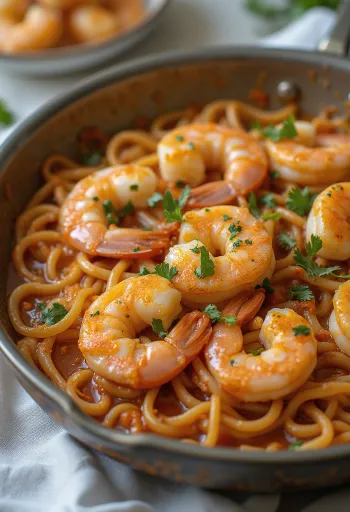 Fideuà med räkor, serverad med räkor och rik tomatsås, spansk rätt