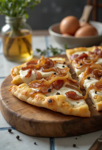 Flammkuchen med gräddfil, lök och sidfläsk
