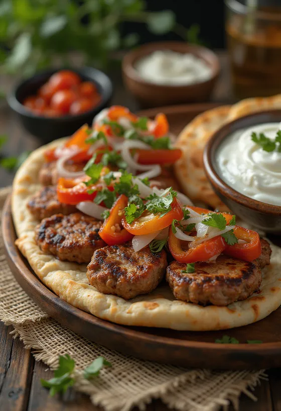 Köfte kebab grillade köttbullar med tunnbröd, grillade grönsaker och yoghurtsås