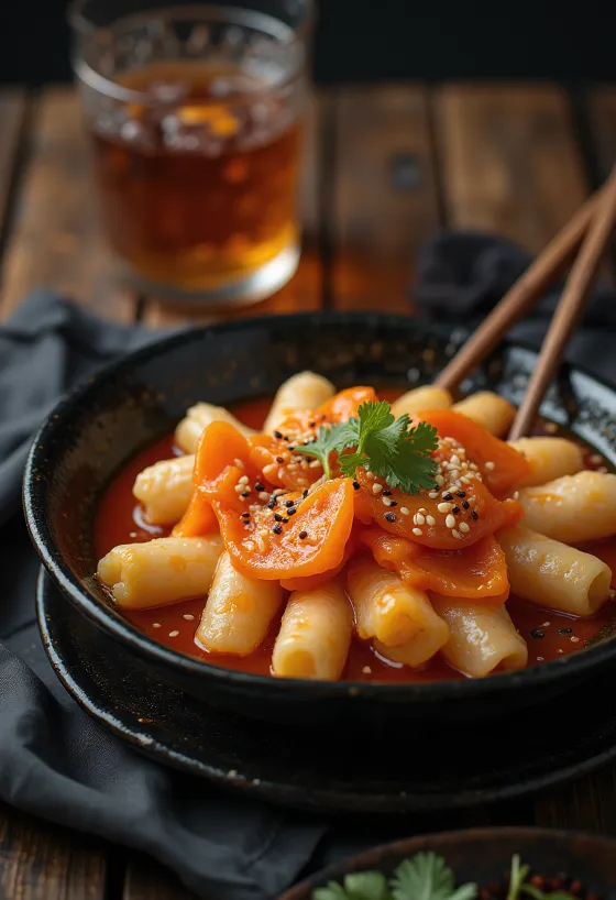 Tteokbokki med fiskkaka, serverad med sesamfrön och salladslök
