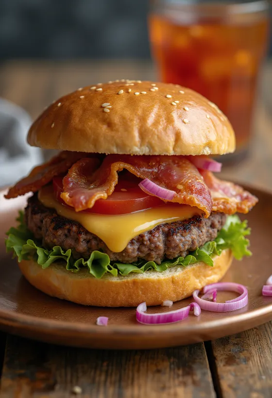 Vegansk baconburgare med färska grönsaker