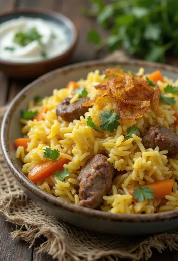 Grönsaksbiryani med lamm, rikt kryddigt ris och mört lammkött