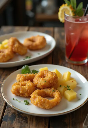 Acarajé serverad med ananas, kryddiga bönbollar och färsk ananas