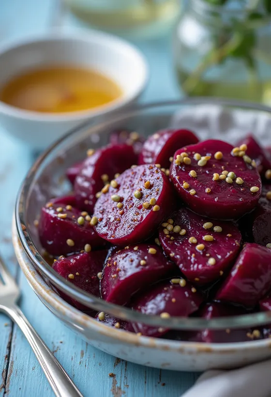 rödbetssallad serverad med färska grönsaker och balsamvinägerdressing