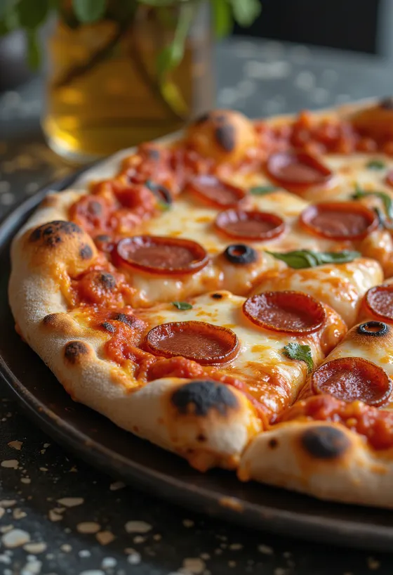 Nygjord pizza med rökt ost och pepperoni