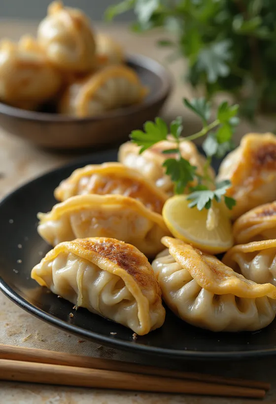 Gyoza med ingefära med krispig botten, god fyllning, serverad med ingefärssås.