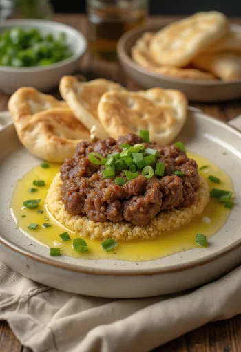 Kibbeh Nayyeh serverad med färskt pitabröd och granatäpplekärnor
