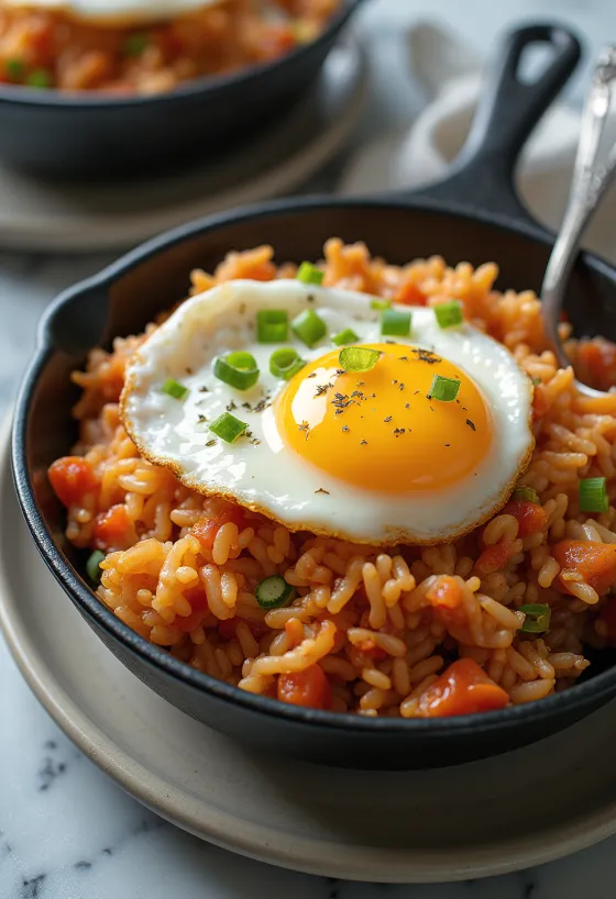 Kimchi bokkeumbap, koreanskt stekt ris serverat med ägg och färska grönsaker