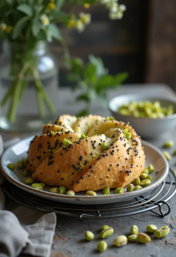 Pistage- och vallmofrötårta serverad