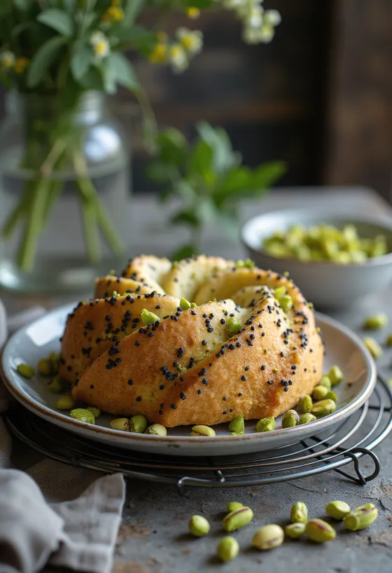 Pistage- och vallmofrötårta serverad