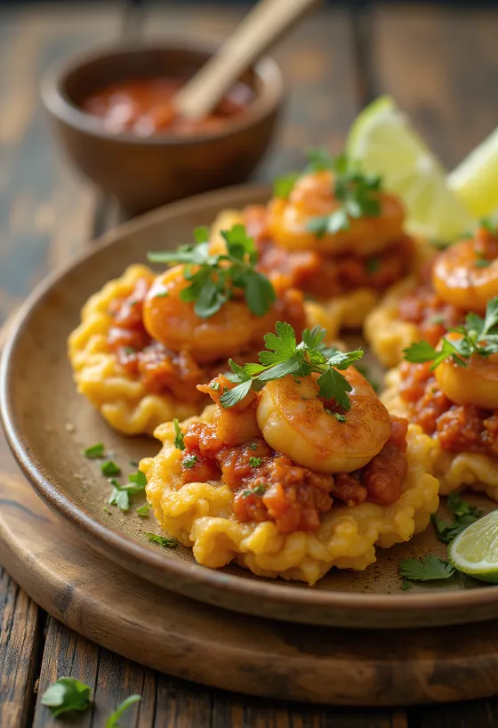 Acarajé med räkor och svarta bönor, serverade som gyllenbruna friterade bollar
