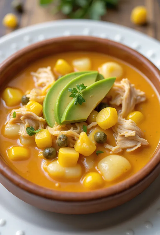 Ajiaco med kyckling serverad