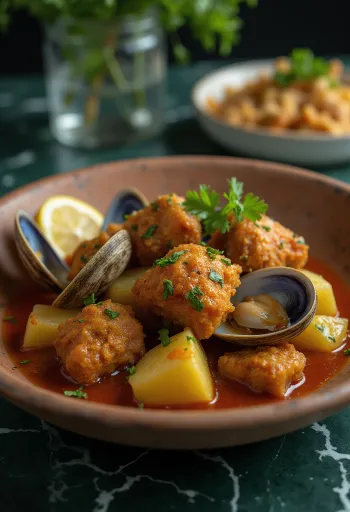 Carne de porco à Alentejana portugisisk rätt serverad