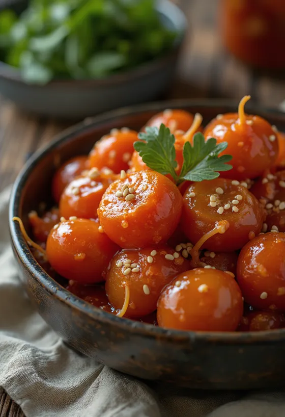 Chonggak kimchi, liten rättika serverad med chilipulver och vitlök